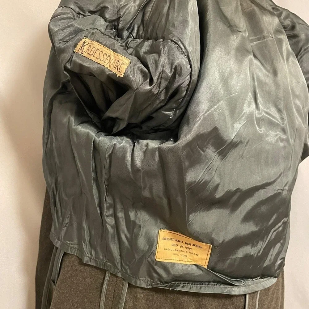 Vtg USMC K. Bessecaire Overcoat‎ Man's Wool Kersey 36S Green